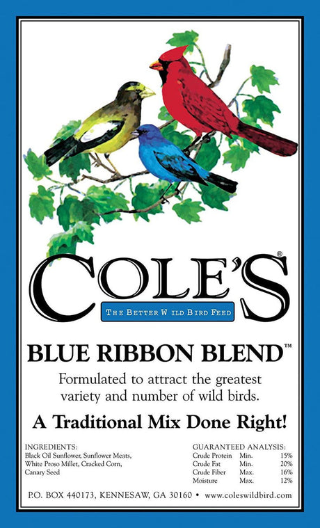 Cole's Blue Ribbon Blend Bird Seed package featuring colorful birds, designed to attract a variety of wild birds.