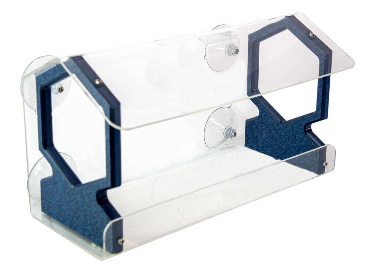 Acrylic and composite bird feeder with suction cups featuring a two-tiered design, hexagonal cutouts, and a dark blue speckled finish