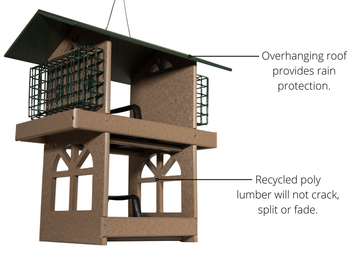 JCS Wildlife Double Fly Thru Bird Feeder showcasing rain protection roof and durable recycled poly lumber construction.