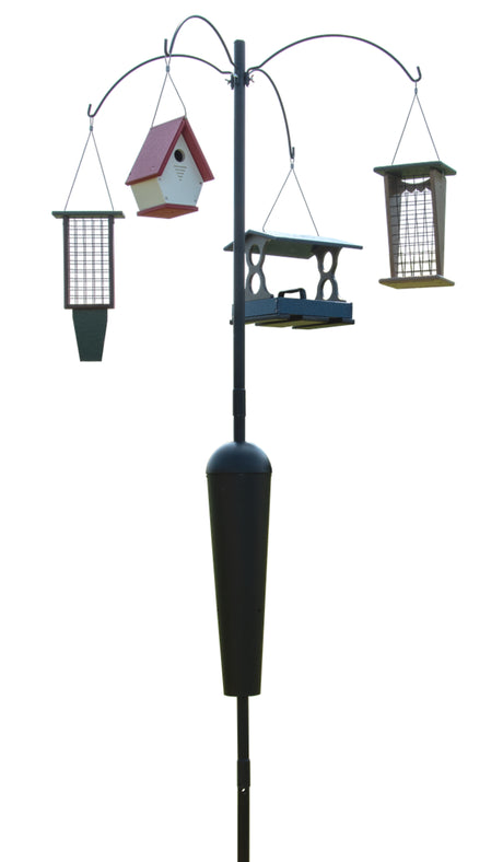Bird feeder pole with multiple hanging birdhouses and feeders, ideal for attracting various bird species.