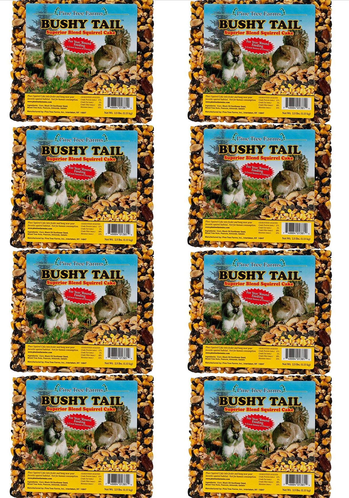 Pine Tree Farms illustration of eight 2.5 lb bags of Bushy Tail Superior Blend Squirrel Cake featuring corn, sunflower seeds, and nuts with two squirrels near a tree