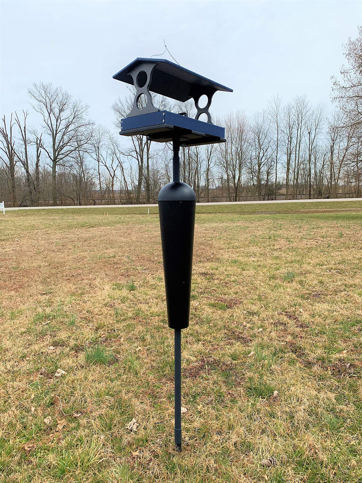 Photograph of a dark blue and black bird feeder standing in a field with bare trees in the background showcasing a unique design with a protective cover and a sturdy pole against a muted winter sky