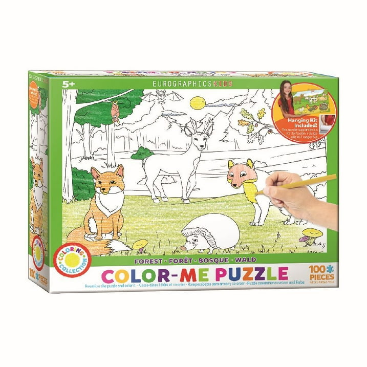 Eurographics Kids 100-piece color-me puzzle depicting a forest scene with a fox, deer, hedgehog, and trees featuring vibrant orange fur, a sunlit clearing, and autumnal leaves