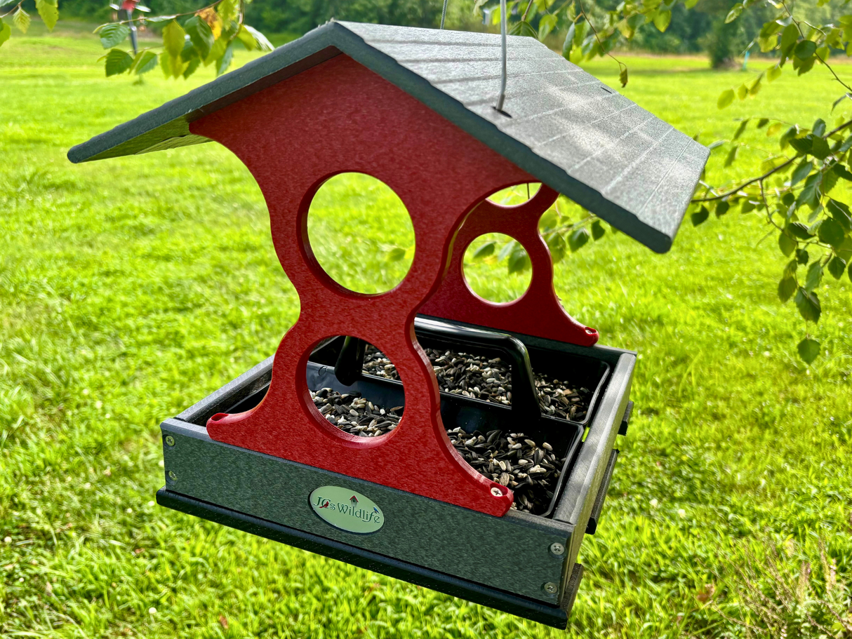 Jos Wildlife red and gray plastic bird feeder filled with sunflower seeds hanging from a tree branch in a green grassy yard