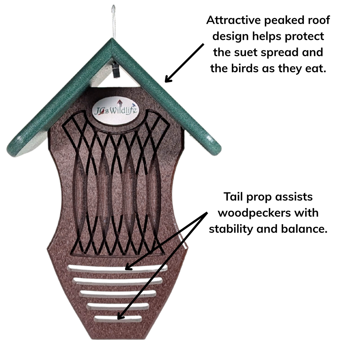 Suet Spread Feeder with call outs to tail prop and peaked roof design
