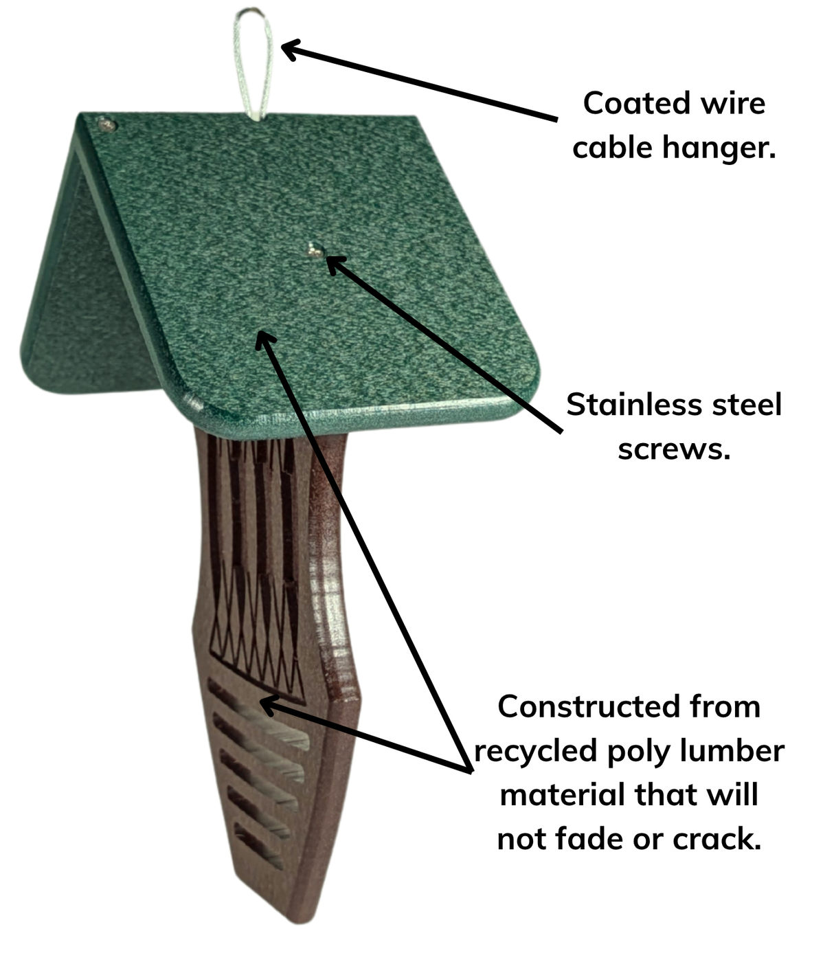 Side View of Suet Spread Feeder with callouts to hanger, screws, and material.