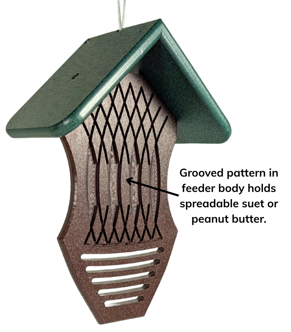 Back View of Suet Spread Feeder with a callout to the grooved pattern to hold the spread.