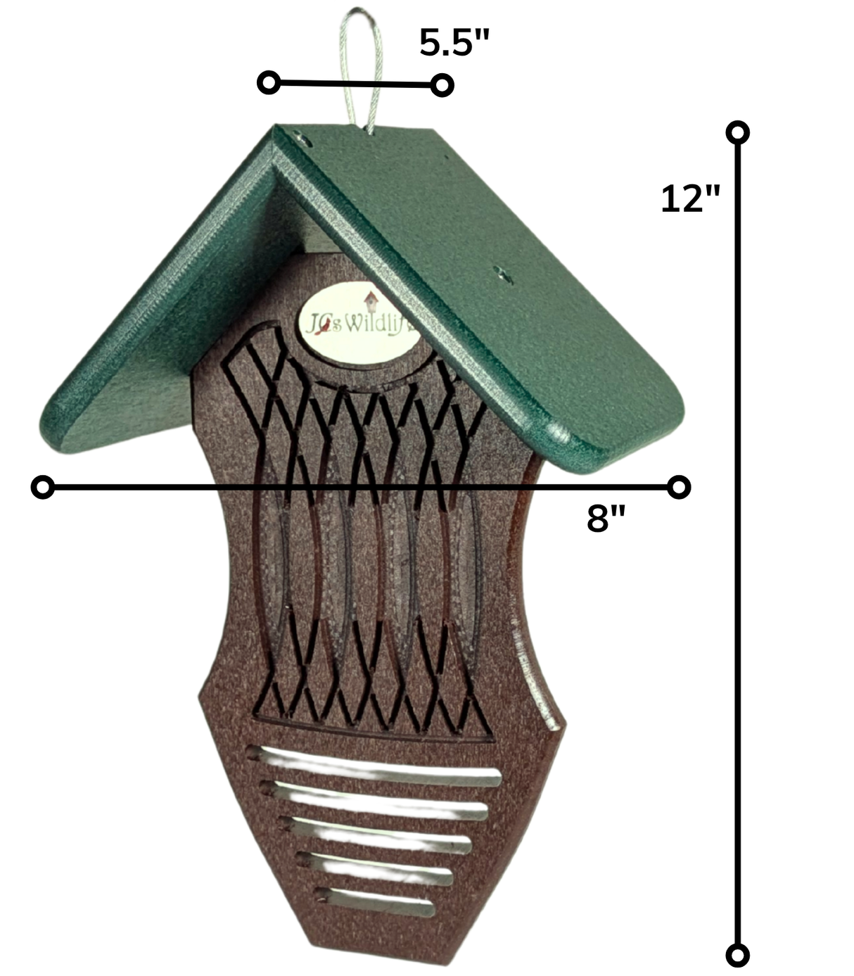 Front View of Suet Spread Feeder with measurements of 5.5 inches by 8 inches by 12 inches.