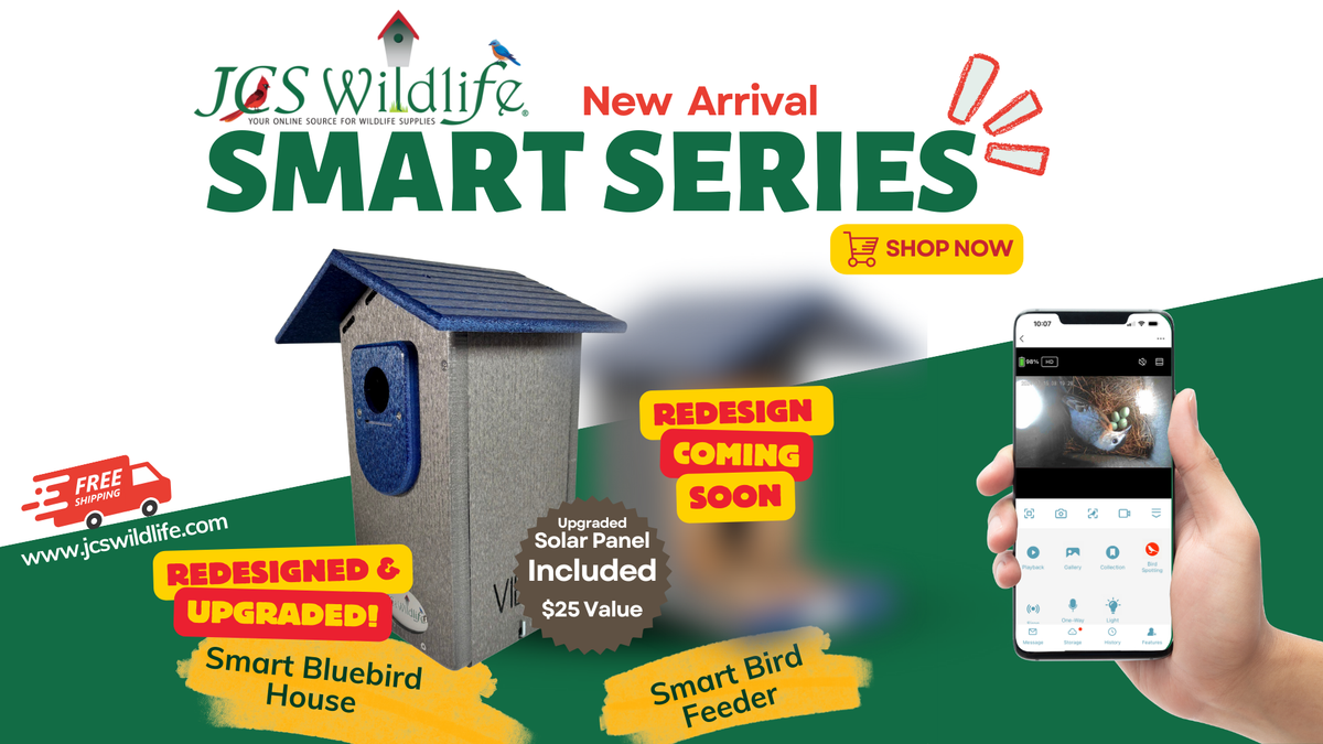 Smart Series promo showing app smart feeder and smart bluebird house design.