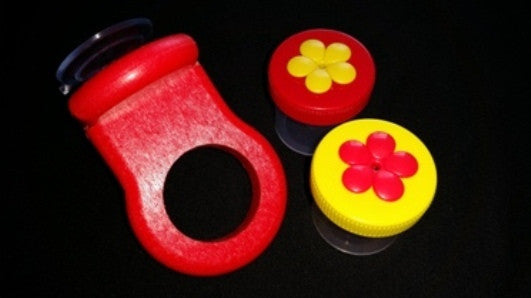 Nectar DOTS Window Hummingbird Feeder set in red and yellow with 2 large DOTS, made from recycled poly lumber and stainless steel screws