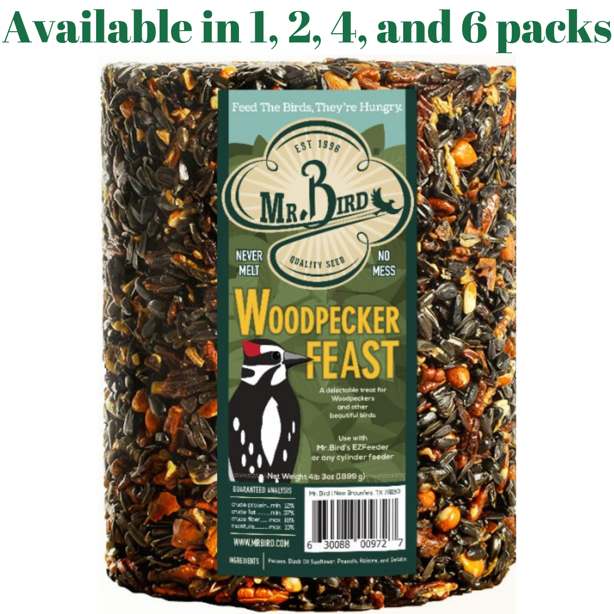 Mr. Bird Woodpecker Feast large cylinder bird food with seeds, available in 1, 2, 4, or 6 packs for backyard birds.