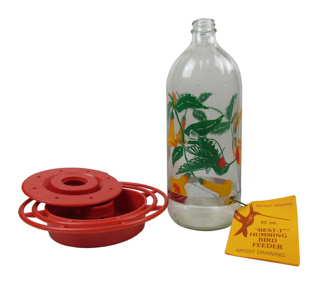 Artist drawing of a 32 oz Best-1 hummingbird feeder featuring a vibrant green hummingbird and yellow-orange flowers on a clear glass bottle with a bright red plastic base