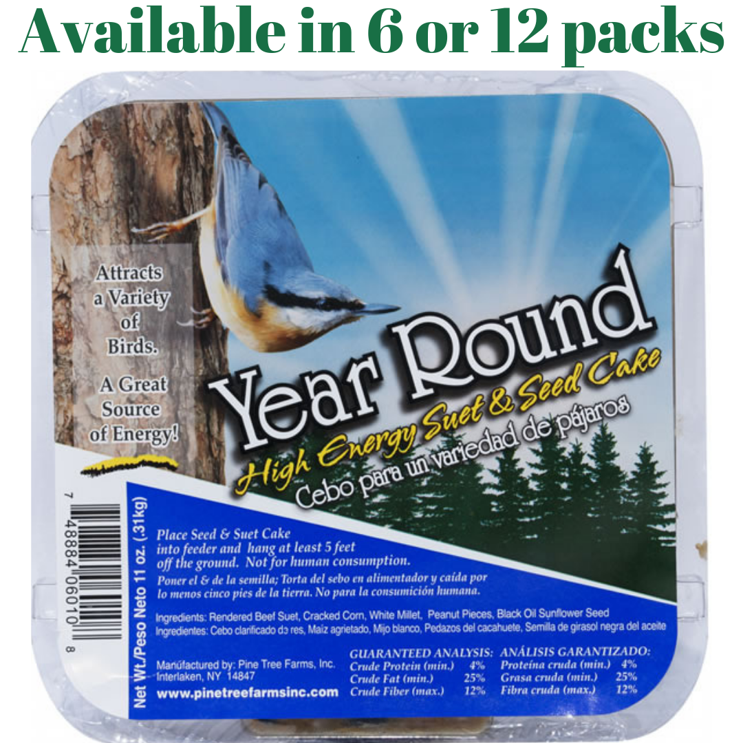 Pine Tree Farms Year Round High Energy Suet 11 oz. packaging, available in 6 or 12 packs, attracting various birds.