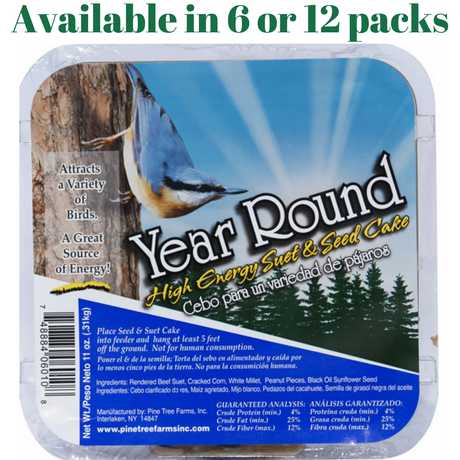 Pine Tree Farms Year Round High Energy Suet 11 oz. packaging, available in 6 or 12 packs, attracting various birds.