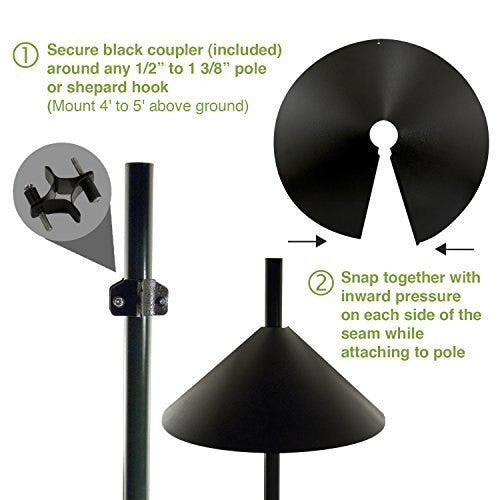 Diagram showing assembly of a black metal bird feeder guard with a coupler, pole, and cone shaped shield.