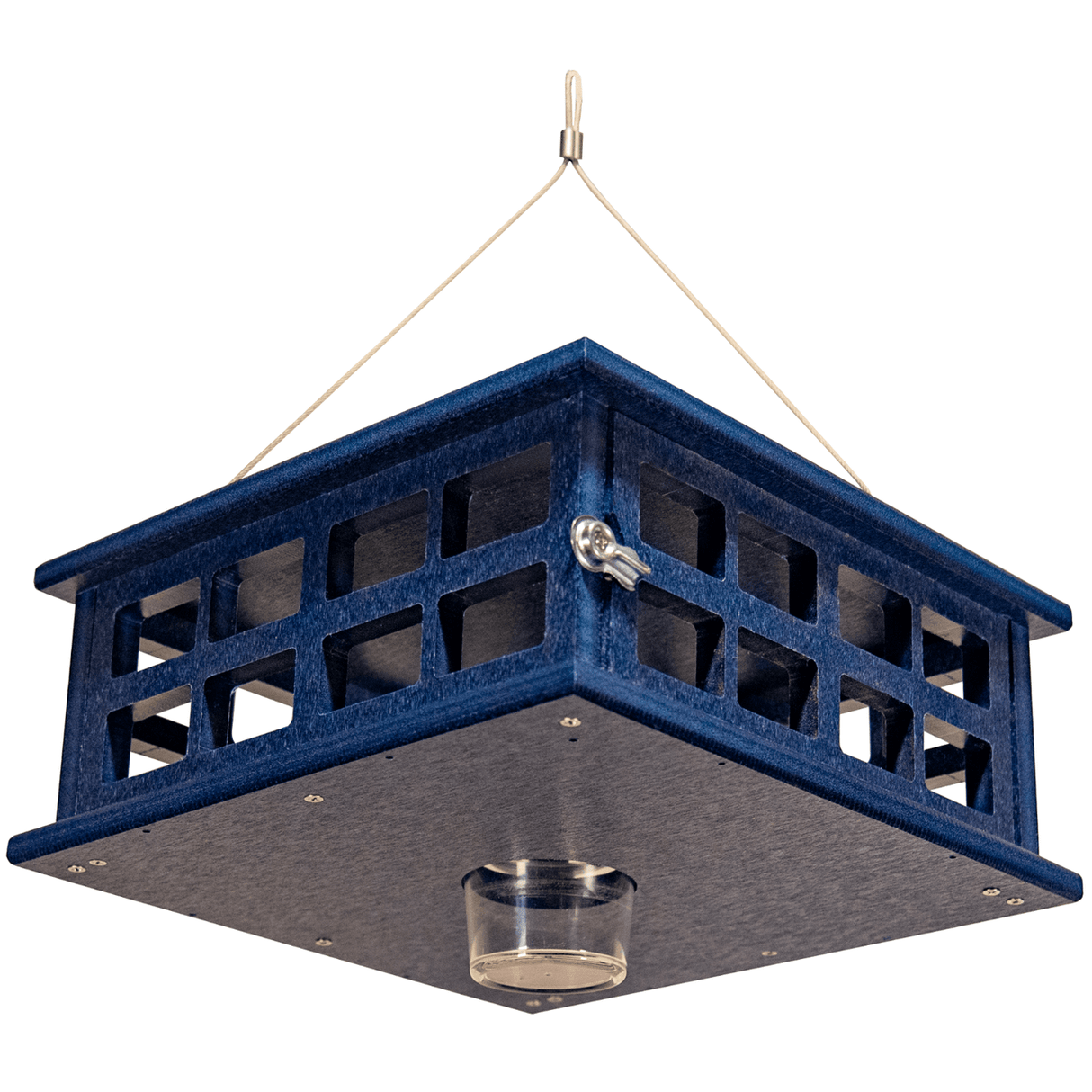 JCS Wildlife Recycled Poly Lumber Caged Platform Bluebird Feeder featuring a blue, square design with acrylic food cup.
