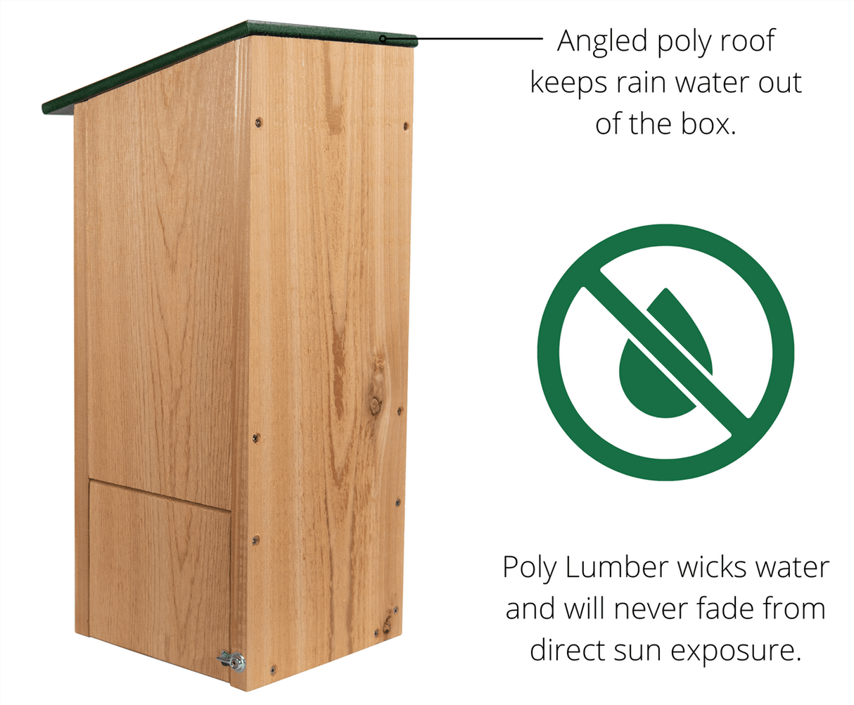 JCS Wildlife Cedar Wood Duck House with poly roof, designed to keep rain out and resist fading from sun exposure.