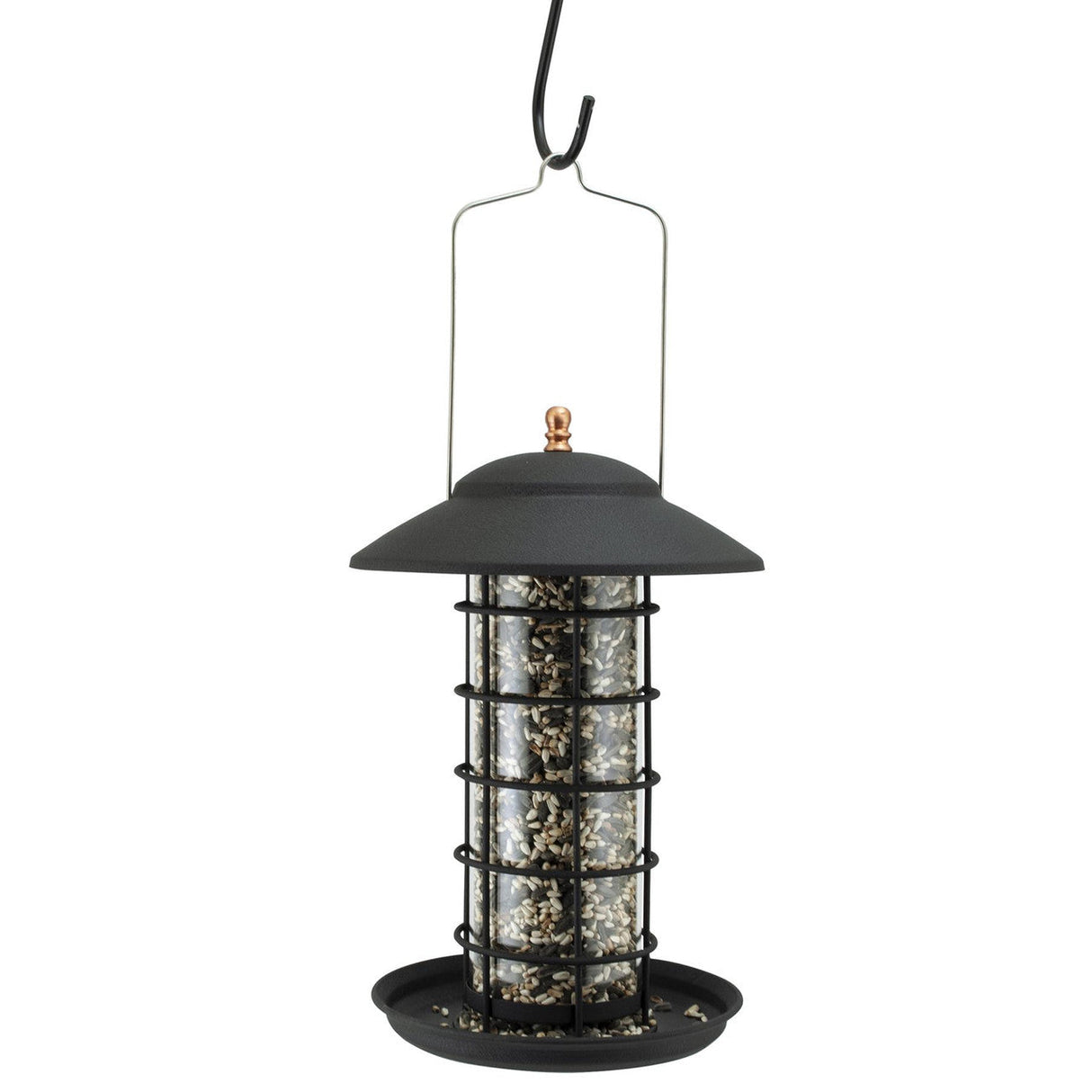 Woodlink Modern Farmhouse Metal & Glass Tube Seed Feeder in Matte Black design for birds, featuring a classic lantern style.