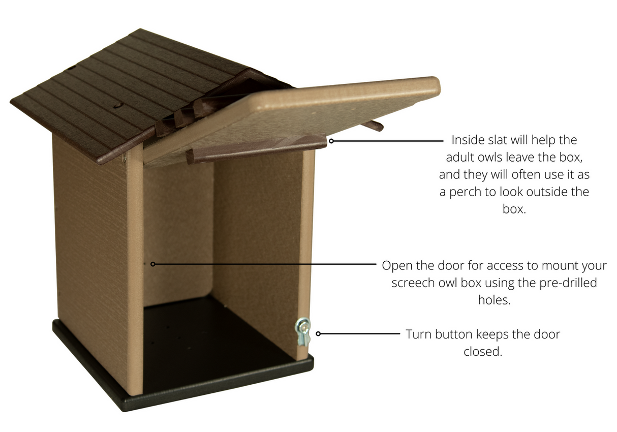 Product shot of a brown and tan plastic screech owl box with a hinged roof, interior slat, and turn button door showing pre-drilled mounting holes