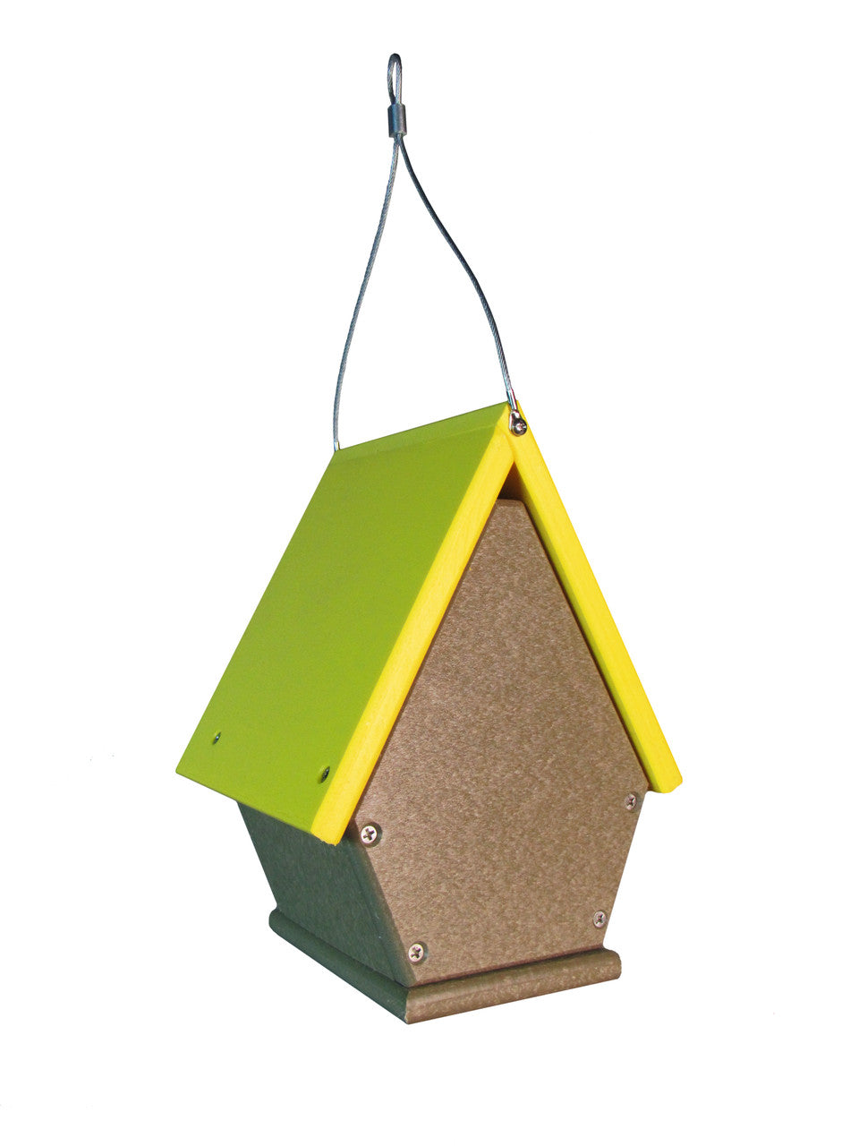 Recycled plastic birdhouse with lime green roof and taupe body featuring a wire hanger and visible screws