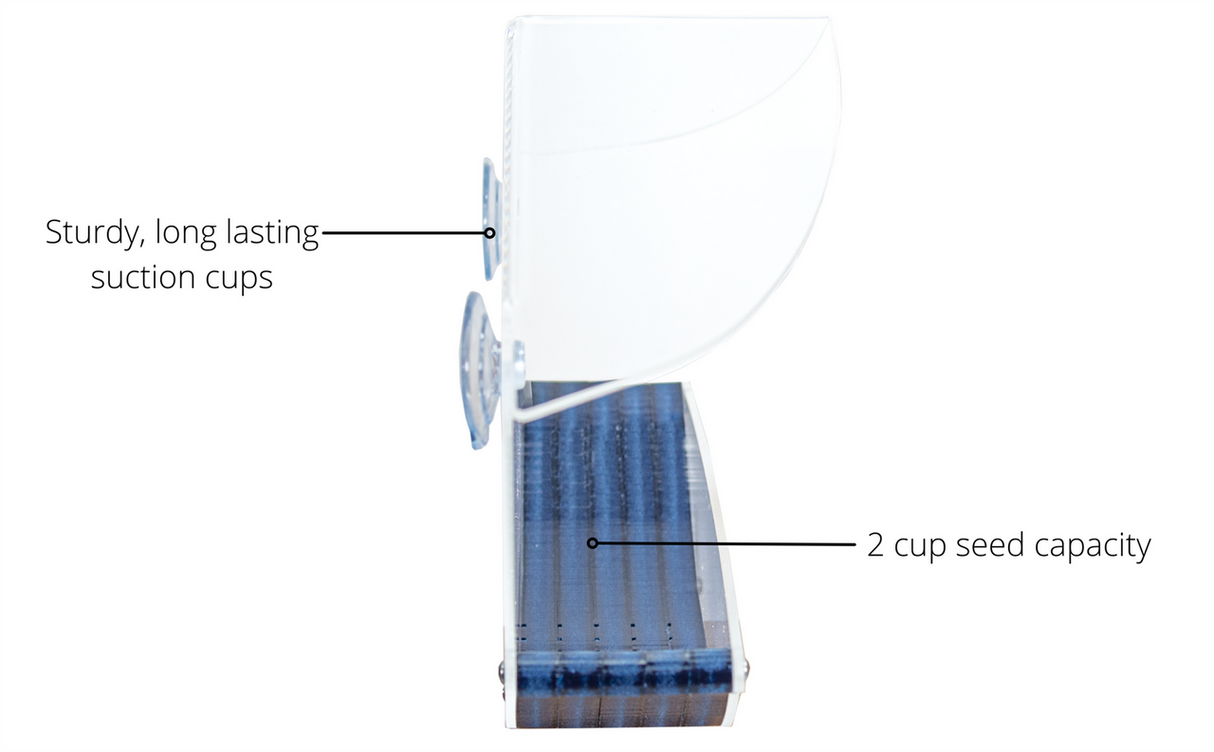 JCS Wildlife Swoop Window Bird Feeder showing suction cups and 2 cup capacity for birdseed.