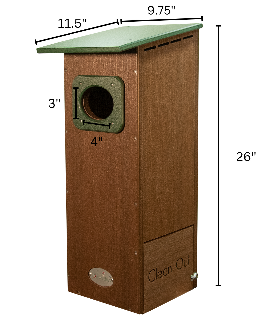 Diagram showing a brown and green recycled plastic birdhouse with a 4 inch diameter entry hole and a clean-out door a green roof and ventilation slots