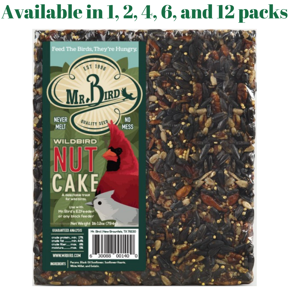Mr. Bird WildBird Nut Cake XL 1 lb. 12 oz. seed cake available in 1, 2, 4, 6, and 12 packs for birds.