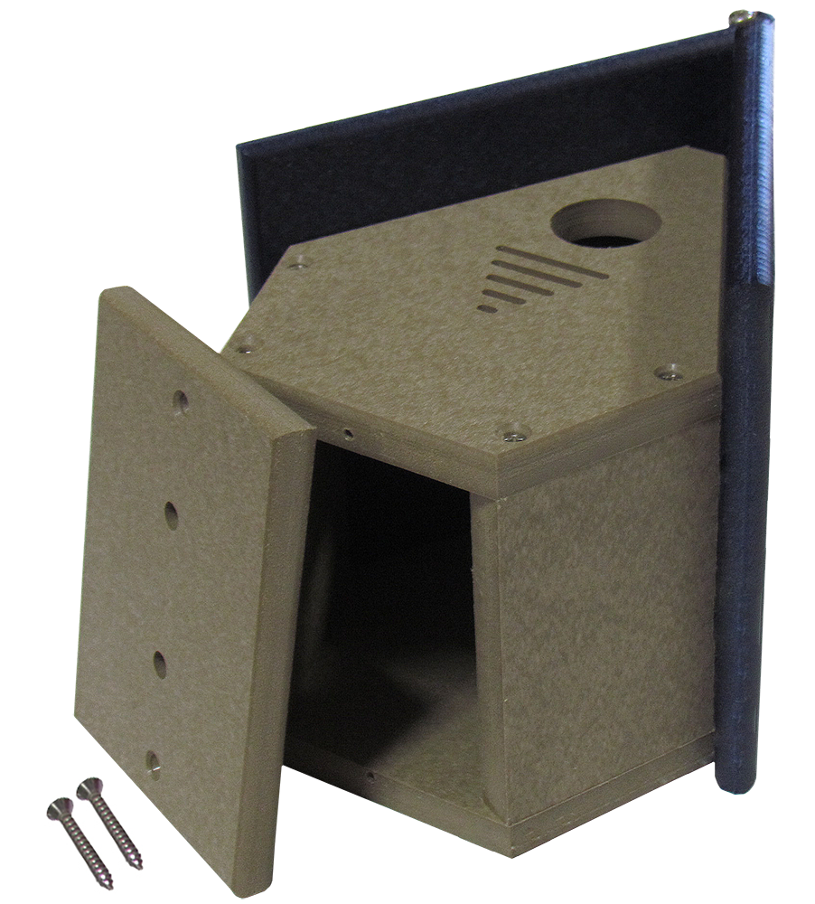 Product shot of a tan and dark blue recycled plastic birdhouse with an open access panel and mounting screws shown separately featuring a small entry hole and ventilation slits