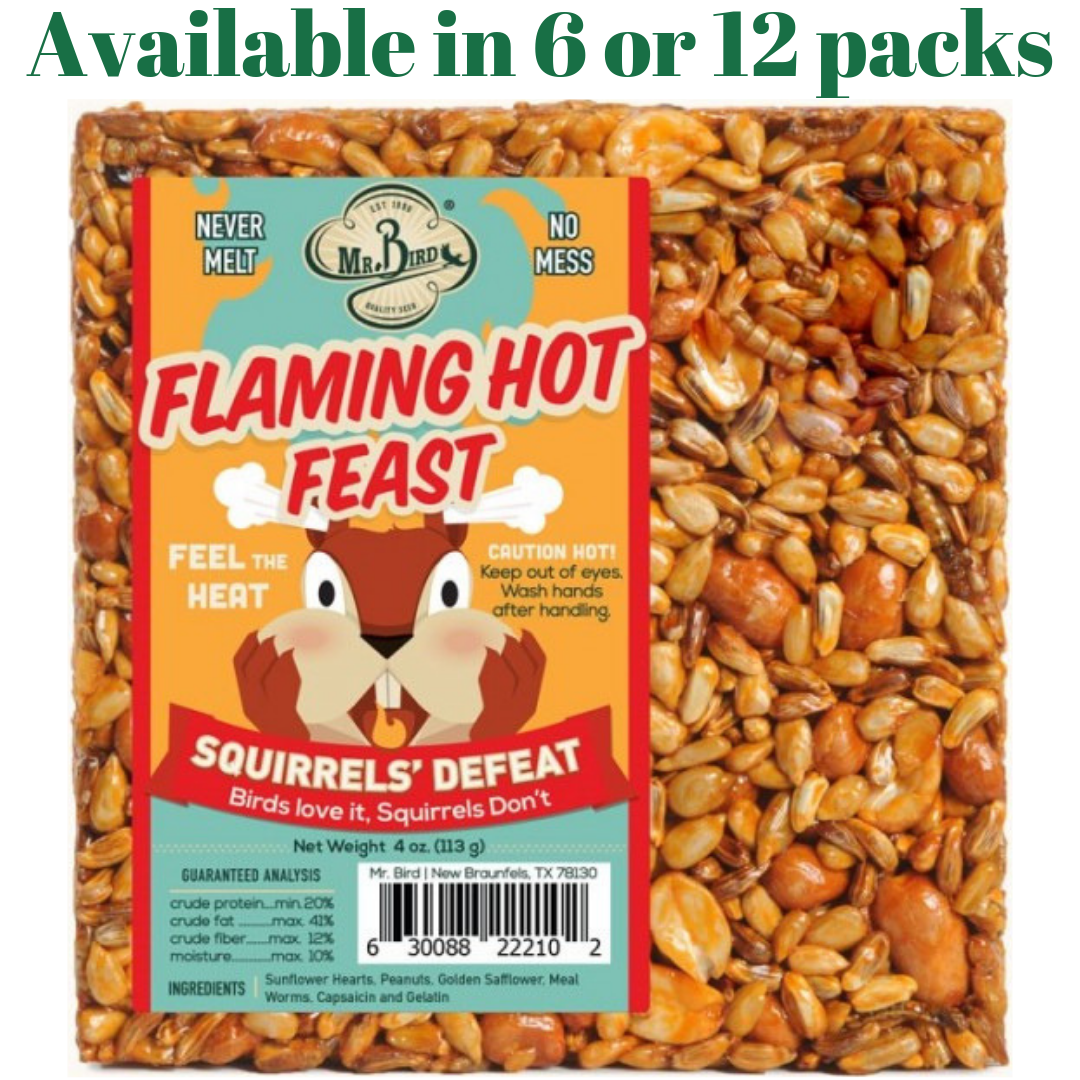 Mr. Bird Flaming Hot Feast Wild Bird Seed Cake 4 oz., available in 6 or 12 packs, featuring sunflower hearts and peanuts.