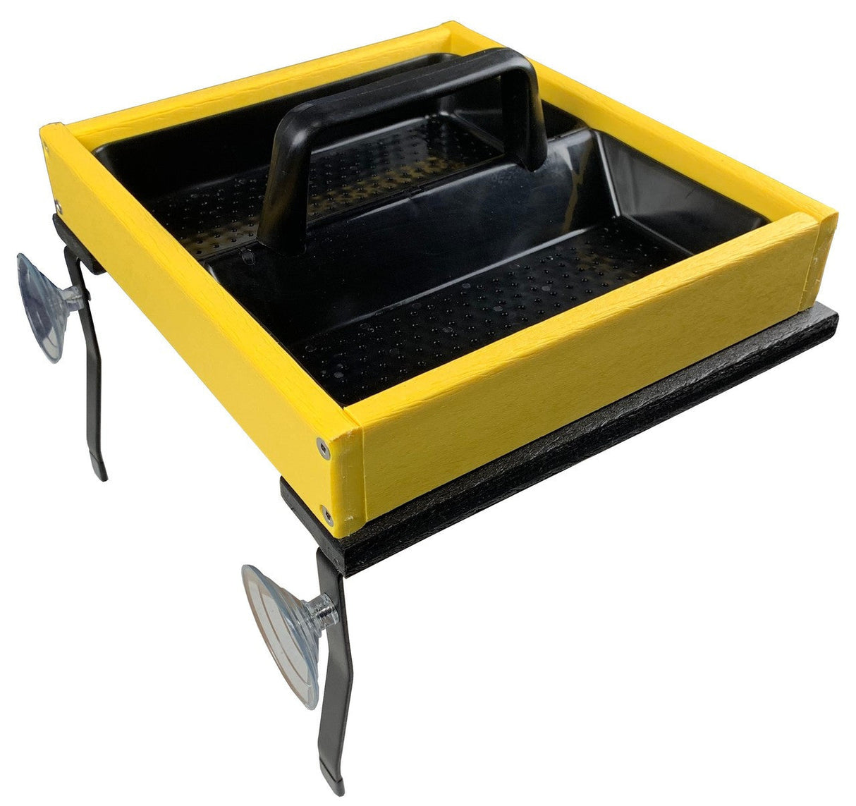 Product shot of a yellow and black suction cup mounted bird feeder with a textured black tray and a central handle