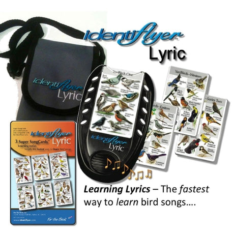 Identiflyer Lyric bird song learning device with accompanying cards showing colorful illustrations of various bird species including American Robins, Northern Flickers, and Black-capped Chickadees in a gray carrying case