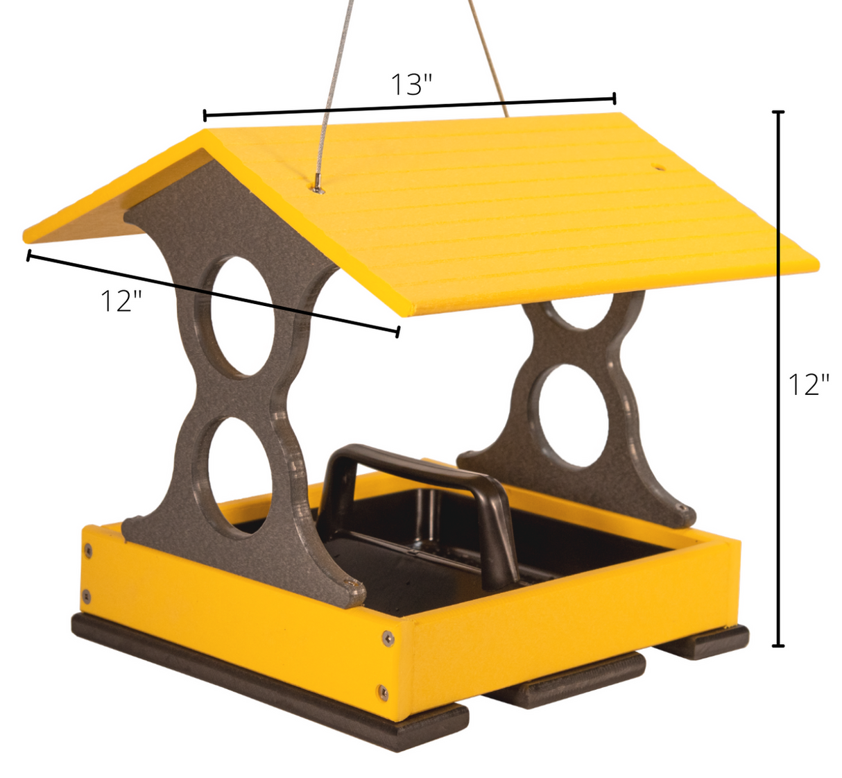 Product image of a yellow and gray plastic bird feeder with a protective roof, featuring a convenient carrying handle and multiple feeding holes, ideal for backyard use