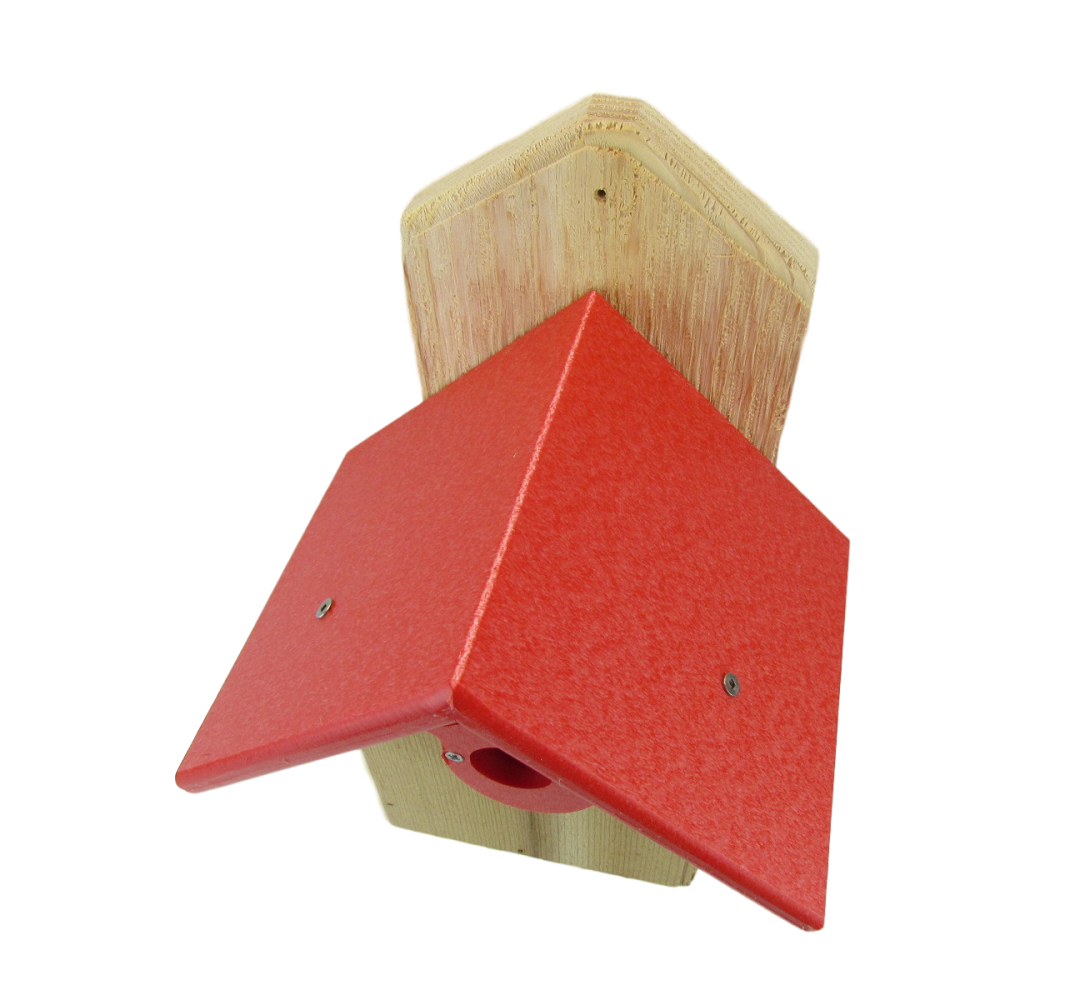 Wood and plastic birdhouse with a vibrant red roof and light wood body featuring a small entrance hole and visible screws