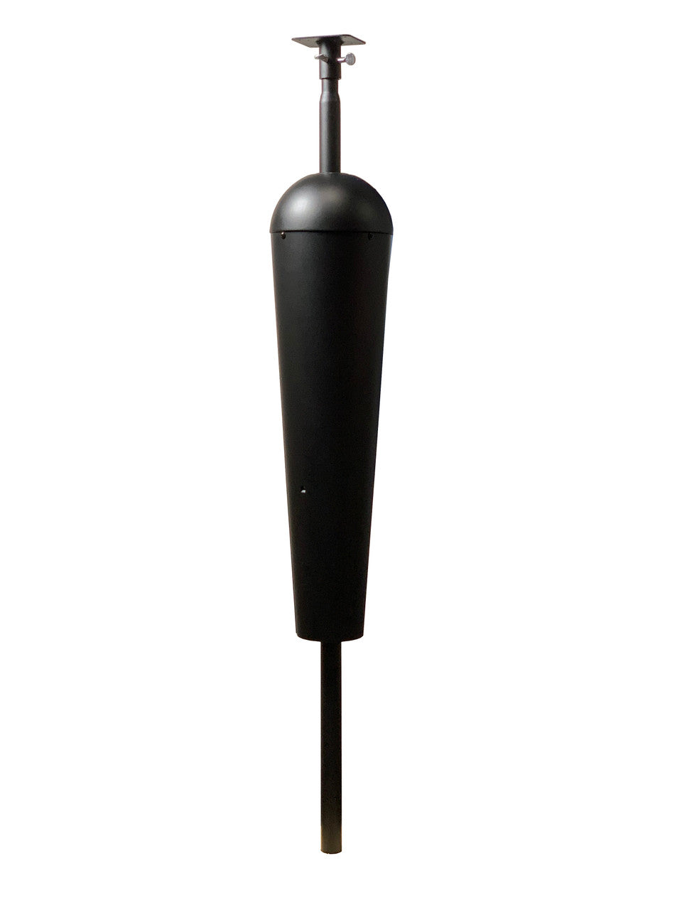 Product shot of a black metal outdoor post with a rounded top and a small square base featuring a subtle texture and adjustable height mechanism