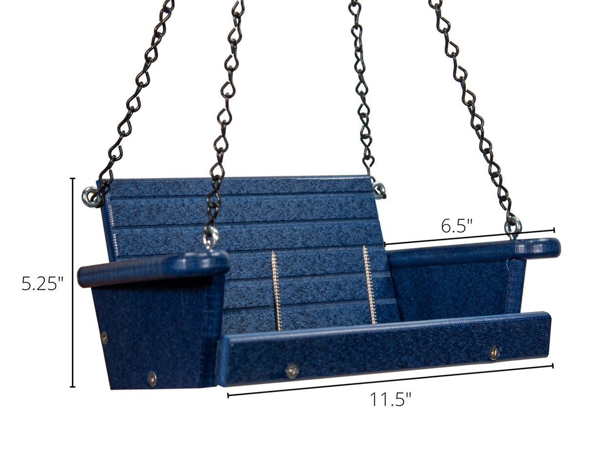 Product shot showing a dark blue plastic hanging porch swing with black chains and visible screws on a white background