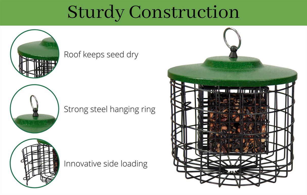 Sturdy construction of Squirrel Stopper suet feeder with roof and strong hanging ring, showcasing side loading for easy refills.
