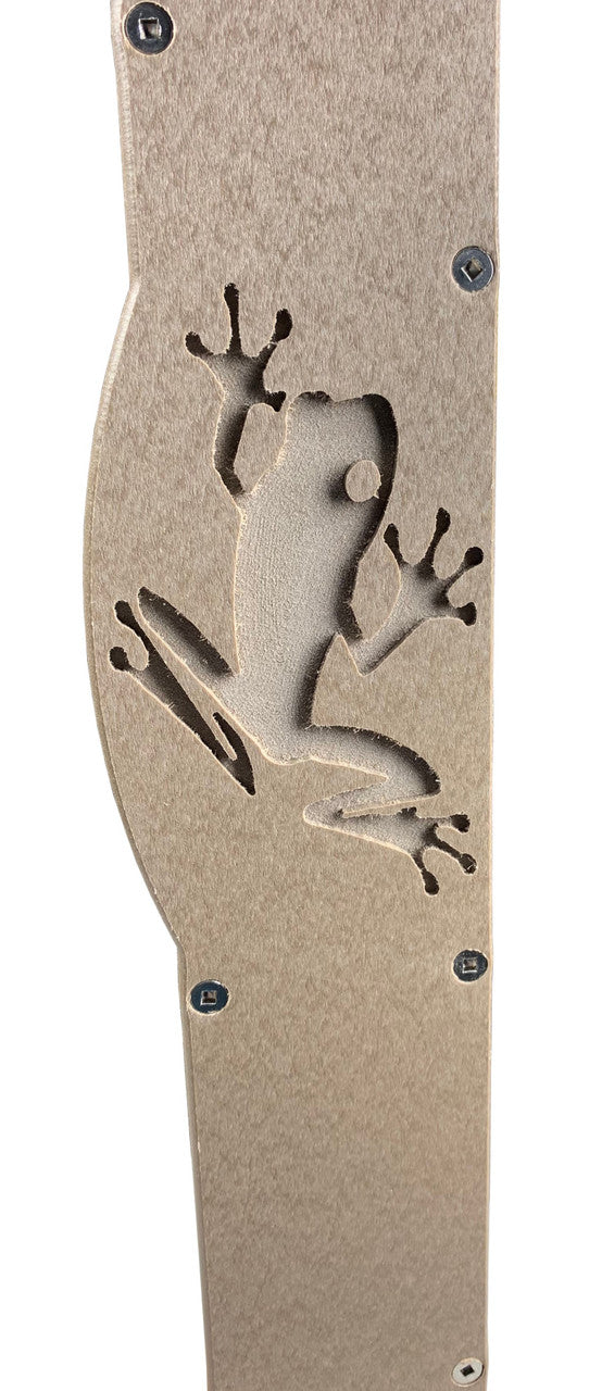 Unknown artist, carved wood panel featuring a detailed frog silhouette against a beige background with visible mounting hardware and subtle textural variations