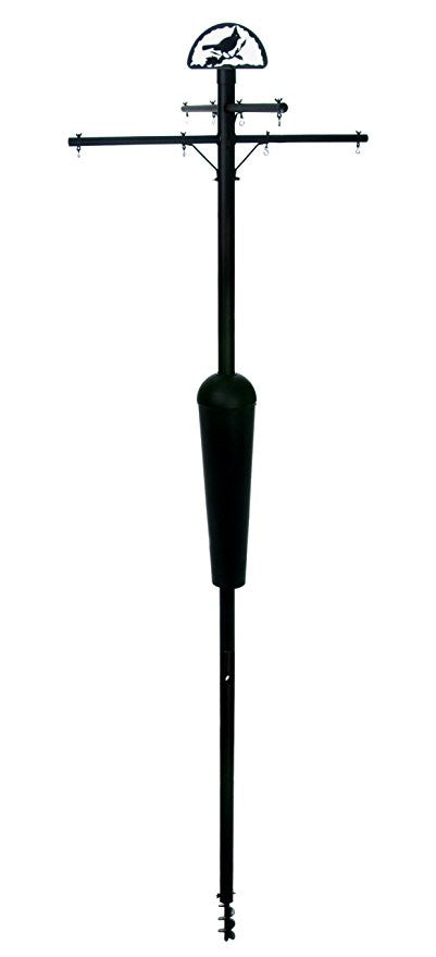 Metal garden feeder stand with a bird silhouette and semi-circular design on top featuring multiple crossbars and a black conical seed catcher, ideal for bird feeding