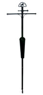 Metal garden feeder stand with a bird silhouette and semi-circular design on top featuring multiple crossbars and a black conical seed catcher, ideal for bird feeding