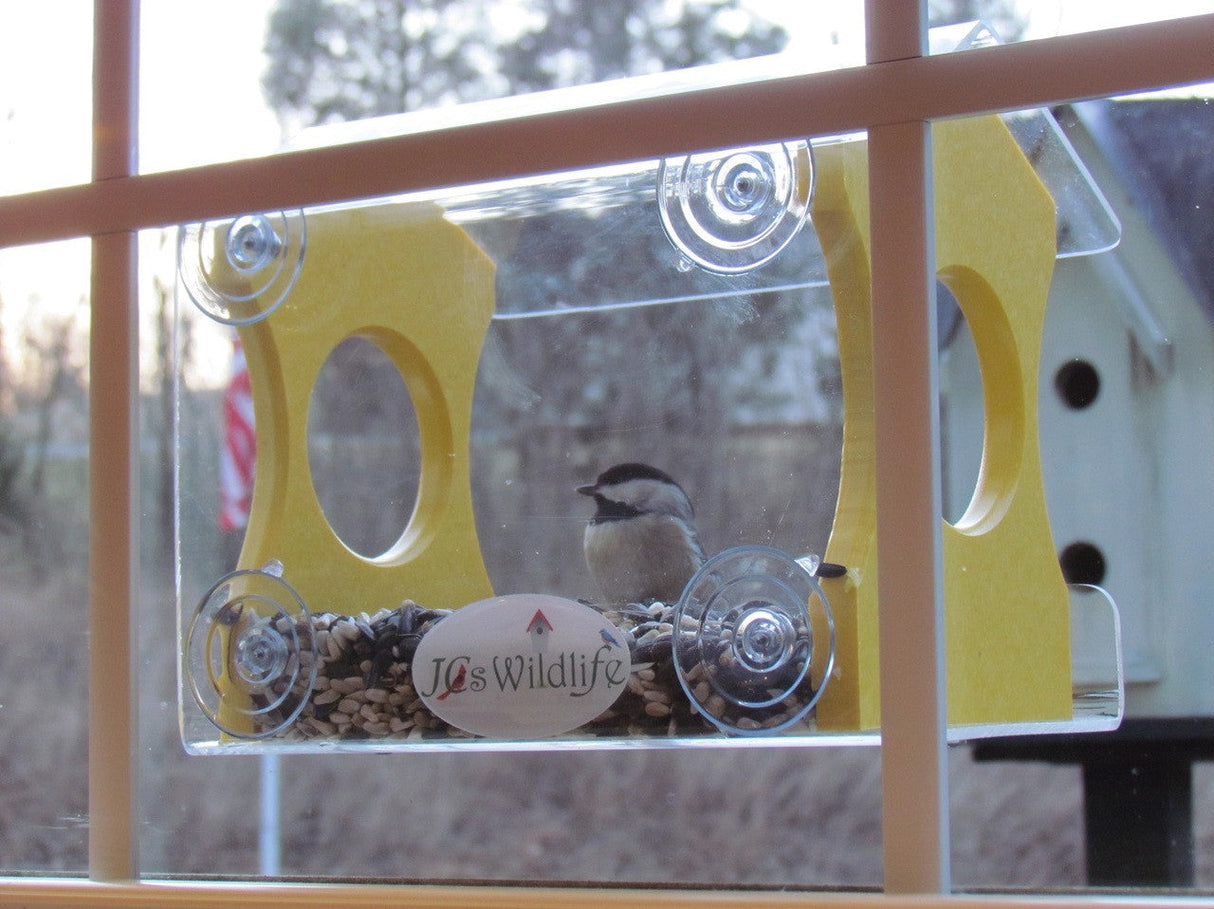 Photograph of a Carolina Chickadee at a JC's Wildlife window bird feeder featuring a yellow perch, clear suction cups, and a mix of seeds with a birdhouse and an American flag visible in the background