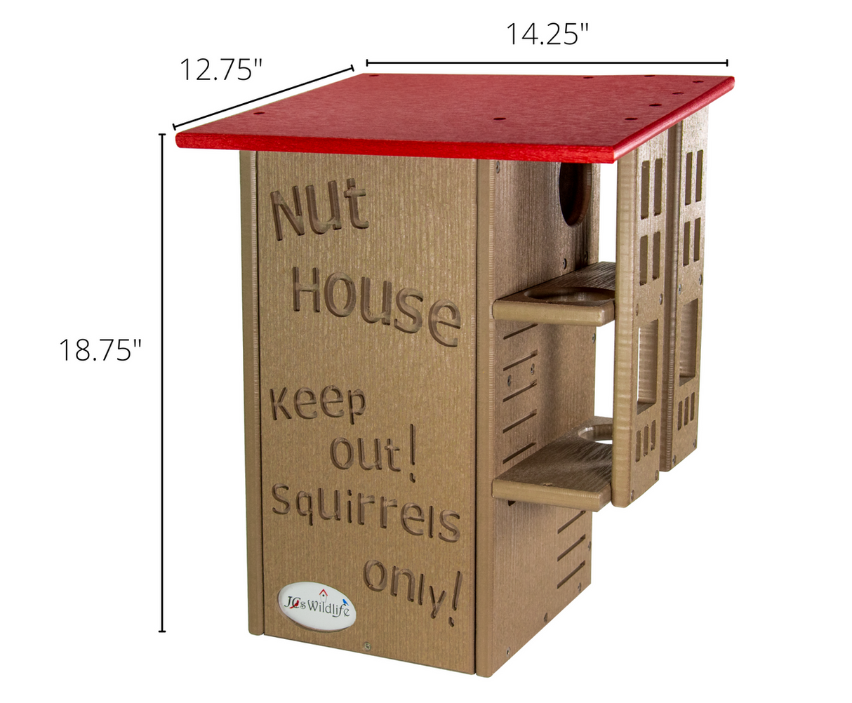 Jos Wildlife Nut House, a tan and red squirrel-proof bird feeder with multiple feeding platforms and a red roof against a white background
