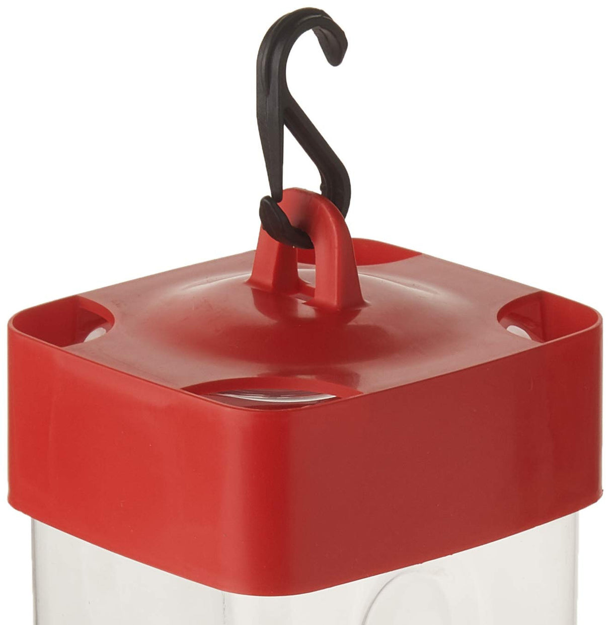 Plastic hummingbird feeder with red top and clear body featuring a black plastic hook for hanging