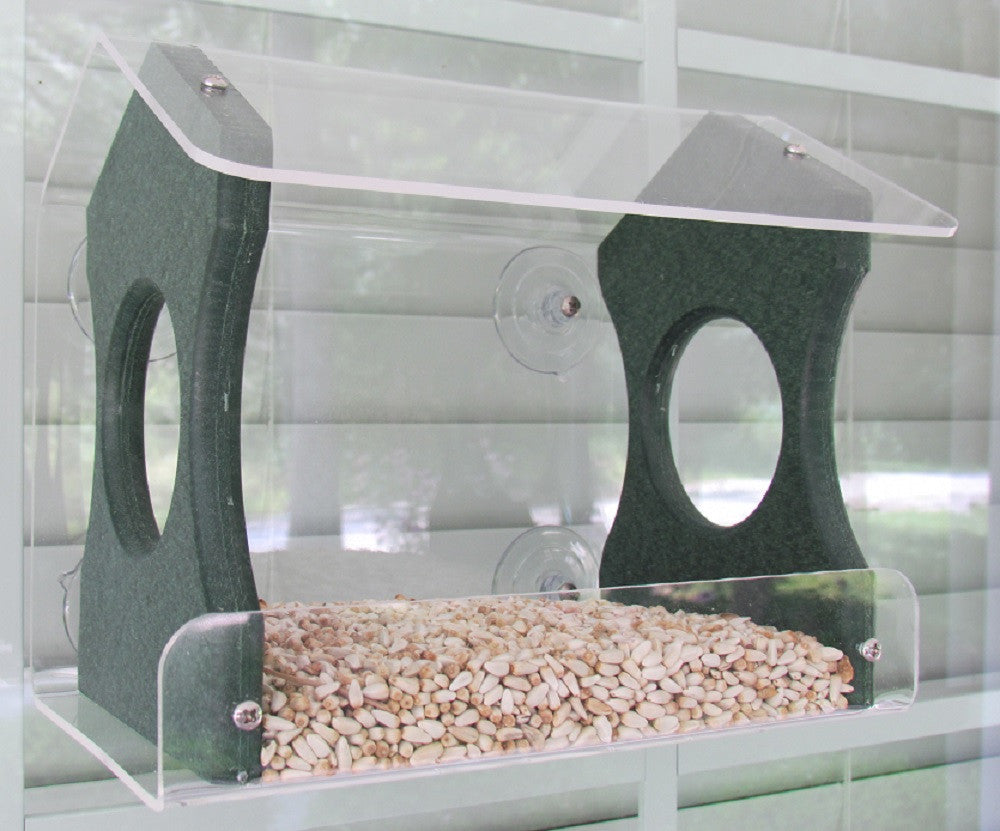 Acrylic and composite bird feeder showing sunflower seeds attached to a window with clear suction cups and dark gray perches.