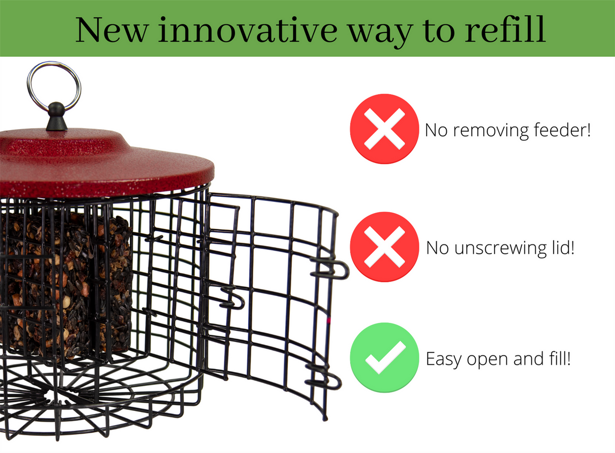 Innovative Squirrel Stopper feeder design showcasing easy-open side door and no need to remove or unscrew for refills.