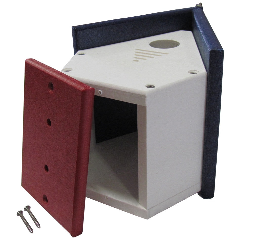 Plastic birdhouse with removable red access panel navy blue trim and white body showing screws