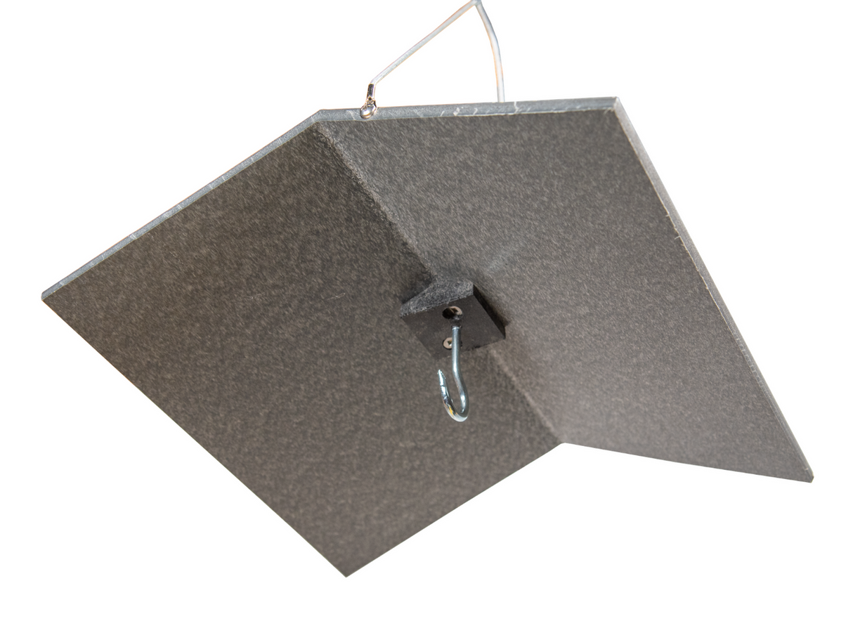 Close-up of a gray composite material hanging device featuring a central hook a textured surface and a small black mounting block.