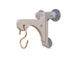 Product shot of a tan plastic bird feeder mount with three suction cups a copper-colored hook and visible screws