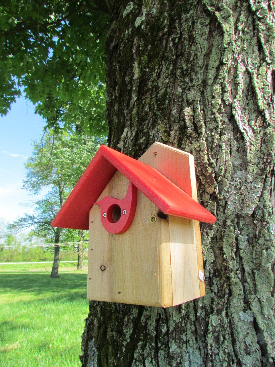 Handmade wooden birdhouse with a vibrant red roof and bird-shaped entrance mounted on a moss-covered tree in a rural landscape featuring green grass and distant trees