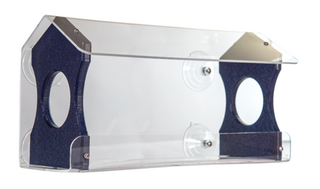 Acrylic bird feeder with dark blue perches and clear protective cover featuring suction cups for window mounting showcasing oval feeding holes and a slanted roof design