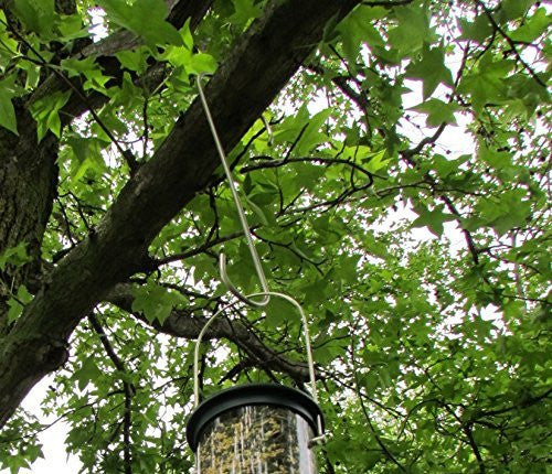 Photograph bird feeder hanging from a sturdy metal hook attached to a tree branch amidst lush green star-shaped leaves and a partly sunny sky showing a partially visible clear sky showcasing vibrant green foliage and a partially filled bird feeder